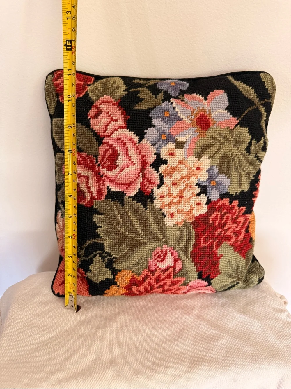 Floral Needlepoint throw pillow in Pink, Red, Blue, and Green cottage core